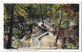 Watkins Glen New York Postcard Stairway at Lover&#39;s Lane Curteich A-52144 1913 - £0.78 GBP