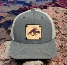Sepia Nymph Fishing Collection Wood Leather Patch Trucker Hat Patriotic Headwear - £17.69 GBP