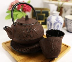 Japanese Bamboo Forest Maroon Red Traditional Heavy Cast Iron Tea Pot and Cups - £40.20 GBP
