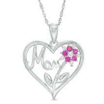 Lab-Created Pink Ruby &amp; Diamond Mom Flower Heart Pendant Sterling Silver Chain - £73.52 GBP