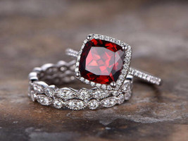 Cushion Cut Simulated Red Garnet Trio Bridal Set Ring925 Silver Gold Plated - £87.48 GBP