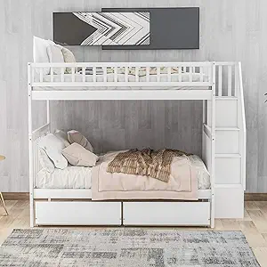 Merax Full Over Full Bunk Bed with Two Drawers and Storage, White - $1,085.99