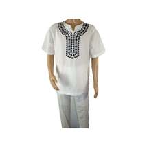 Men 2pc Stacy Adams leisure suit Linen Cotton With Embroidery 3668 white black image 3