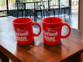 2 Vintage 1980's Instant Maxwell House Coffee Cups Mugs Red Gold Trim Japan - $19.87
