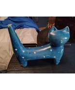 Hand Carved Hand Painted Soap Stone Cat Blue with white accents 4.5lbs V... - $48.41