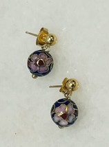 14k Yellow Gold Blue Enamel Ball Asian Floral Cloisonne Drop Dangle Earrings - $84.65