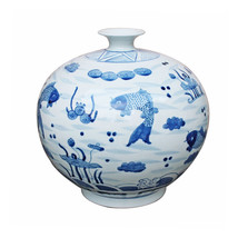 Beautiful Blue and White Fish Motif Porcelain Contour Pomegranate Vase 11&quot; - £133.36 GBP