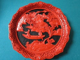 Taiwan Yun Kang Art Red Cinnabar Plate Carved Lacquer RED AND BLACK  - $123.75
