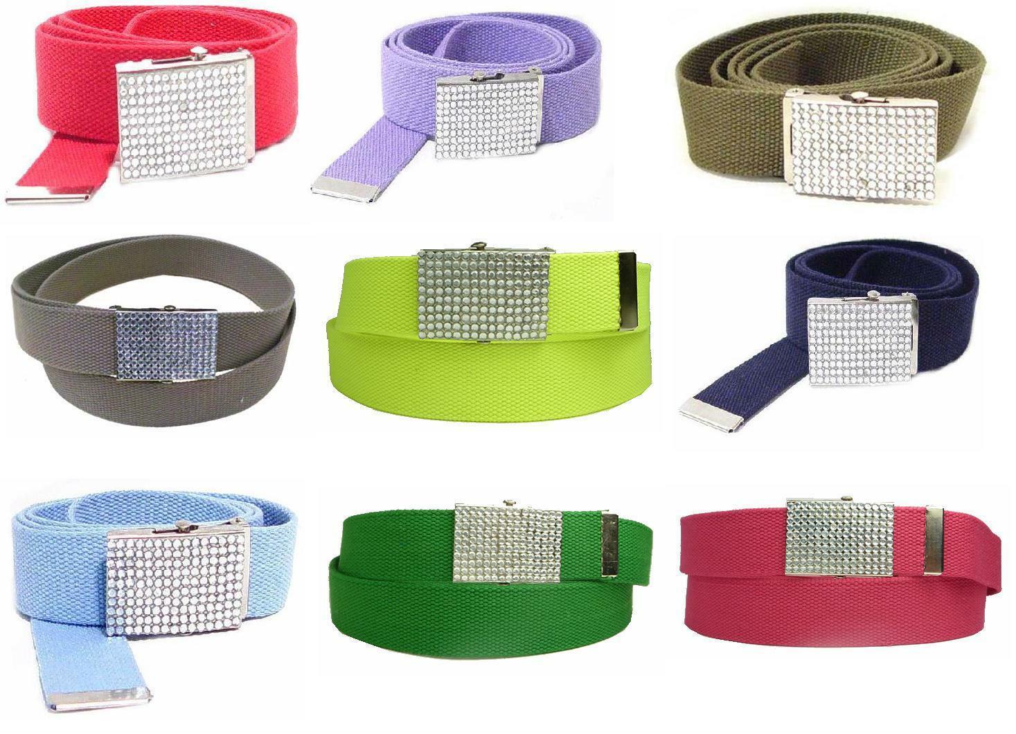 Primary image for BZ30-HEAVY DUTY CANVAS MILITARY STYLE BELT W/CLEAR RHINESTONE BELT BUCKLE