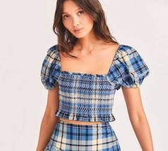 LoveShackFancy Womens Hersh Cropped Smocked Checked Cotton Blouse Tunic Top XS - £105.48 GBP