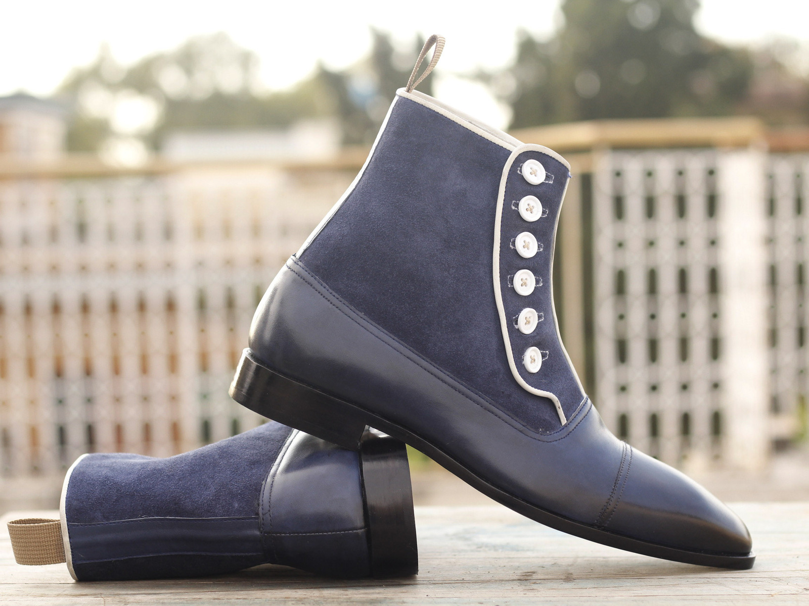 Handmade Men Navy Blue Leather Suede Cap Toe Brogue Button Boots, Designer Boots