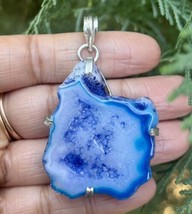 925 Sterling Silver Plated, Turquoise Blue Druzy Geode Agate Stone Penda... - £10.81 GBP