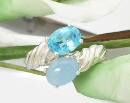Blue Topaz and Blue Jade Ribbed Bypass Sterling Ring Size 7 - £42.36 GBP