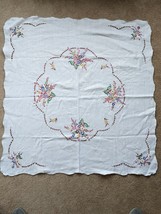 Vintage Linen tablecloth Hand Embrodiered Flowers Vines 39.5&quot;x28&quot; some staining - £28.06 GBP