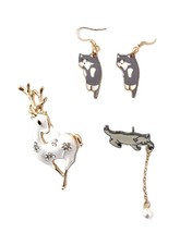 Lot Bundle Set of Deer Brooch, Cat Lapel Pin Gray Cat Earrings Animal Lover - $11.73