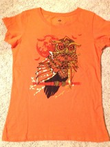 Women’s Junior Halloween T-Shirt Size Medium 8-10 Orange Gold Owl &amp; Moon... - £8.52 GBP