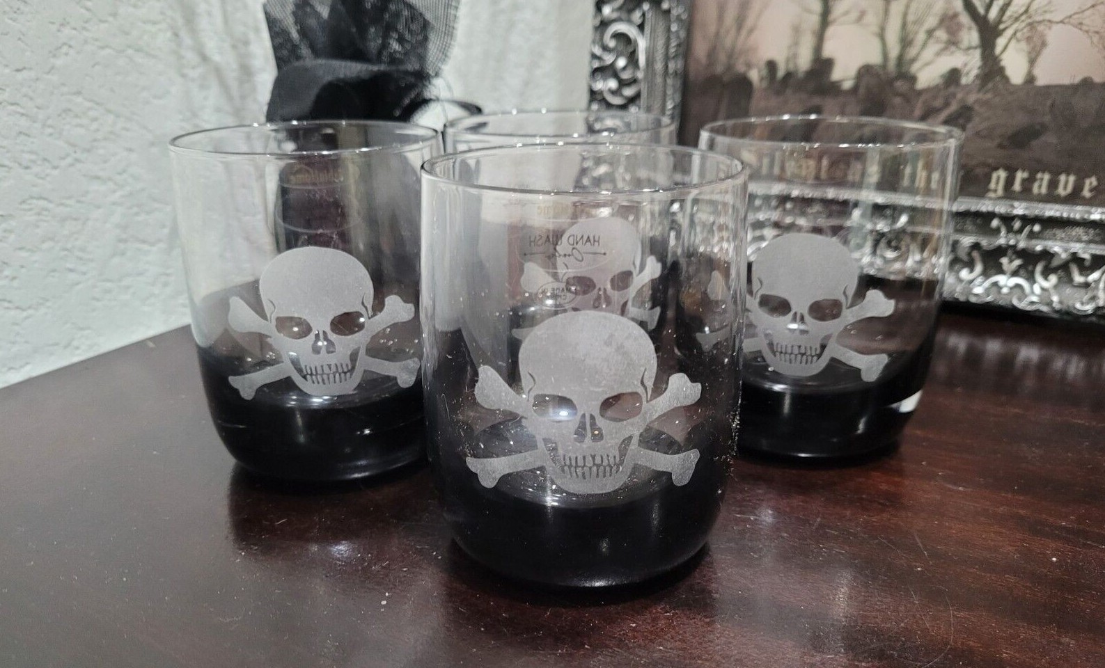 4pc Halloween Crossbones Skulls Black Clear Drinking Glasses Item image 2