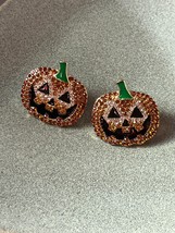 Orange Rhinestone Encrusted &amp; Enamel Halloween Jack O Lantern Pumpkin Post Earri - £14.63 GBP