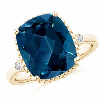 ANGARA Cushion London Blue Topaz Beaded Halo Ring with Diamonds - £1,188.33 GBP