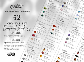 52 Emotional Wellness Crystal set Cards, Editable &amp; Printable Crystal Guide - $10.00