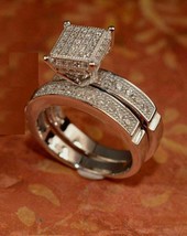 Diamanti Finti Matrimonio 14K Oro Bianco Over Trio Sposa Fidanzamento Set Anello - £140.59 GBP