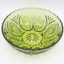 Anchor Hocking Green Glass Star &amp; Cameo Medallion Pattern Bowl Scalloped 8&quot; - $14.84