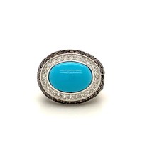 Vintage Sterling Signed NF Oval Turquoise and Pave Brown CZ Dome Ring Band sz 6 - £51.42 GBP