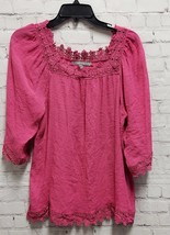 Valerie Stevens Hot Pink Crochet Trim 3/4 Sleeve Pullover Top Shirt Blouse M - £3.88 GBP