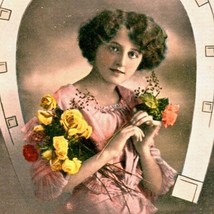 Early 1900s German New Year Greetings Horseshoe Roses Woman Postcard - $7.30