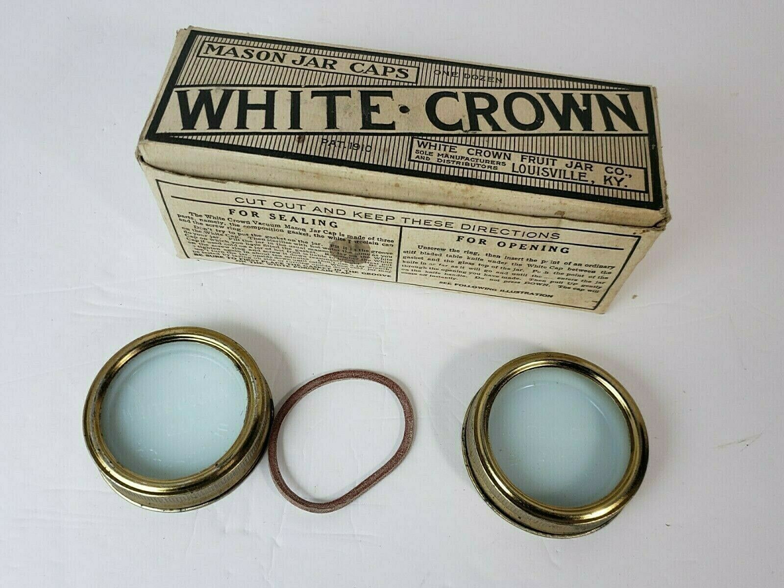 Vintage NOS FULL Box of Milk Glass White Crown 12 Mason Jar Caps Gaskets & Rings - £85.44 GBP