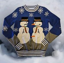 Tipsy Elves Christmas Sweater Mens S Nose Carrot Thief Snowmen Blue Long... - $24.94