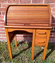 1940’s Child’s Solid Oak Wood Roll Top Desk 2ft Tall Writing Top 2 Drawe... - $494.99