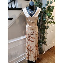 Adrianna Papell Evening Maxi Dress Women&#39;s 6 Beige Silk Beaded Floral Ba... - $193.05