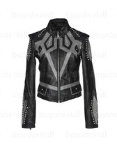 New Women Black Grey Silver Studded Zipper Cowhide Motorbike Leather Jacket-1042 - £226.72 GBP