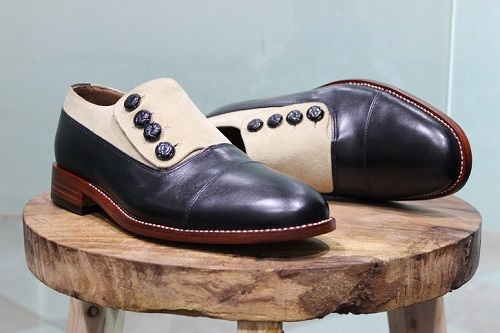 New Mens Handmade Shoes Two Tone Button Black Leather Beige Suede Formal Boots