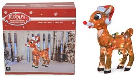 24&quot; Rudolph Red Nosed REINDEER-Santa Hat Light Up 3D Pre Lit Christmas Yard Art - £39.94 GBP