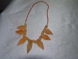 Estate Tiny Orange Bead with Carved Stone Leaves Fringe Necklace – 16 inches in  - £11.80 GBP