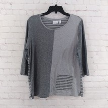 Weekend By Chicos Top Womens 2 Gray Color Block Striped 3/4 Sleeve Casual - £15.63 GBP