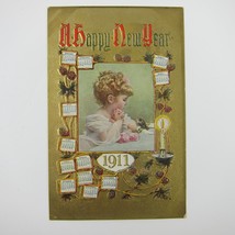 Postcard New Year Girl Flowers Candle Bird Gold Embossed 1911 Calendar Antique - £10.29 GBP