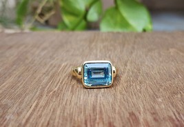 Natural 5Ct Emerald Cut Blue Topaz 14K Yellow gold Plated Ring for man/woman - £51.57 GBP