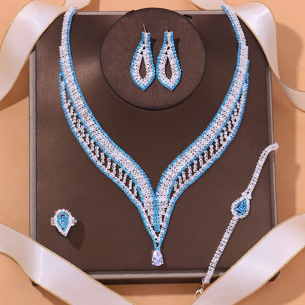 Luxury Red Hollow Rhinestone Bride Jewelry Set for Women Crystal Water Drop Wedd - £27.27 GBP
