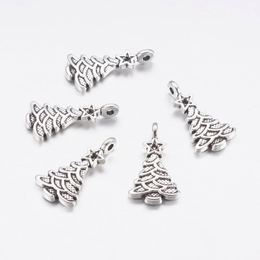 8 Christmas Tree Charms Antique Silver Pendants Findings Holiday Set 21mm - $1.88