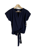 New GAP Women Navy Split Neck Rolled Sleeve Front Tie Cotton Knit Terry Top M - £23.67 GBP
