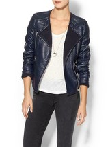 Piperlime Navy Blue Moto Motorcyle Coated Leather Sweater Lined Jacket M NWT - £39.83 GBP