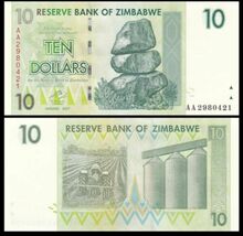 2007 Zimbabwe, 10 Dollars, P67 UNC, Balancing Rock(F) Farmer/Silos(R) - $5.92 CAD