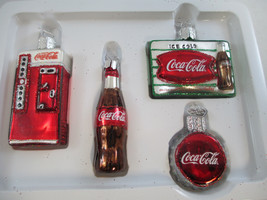 Coca-Cola Blown Glass Sign Ornament Set Old World Christmas Disc Cooler Bottle - £25.05 GBP