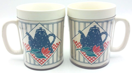 Vintage Thermo-Serv 1992 Coffee Mugs/Cups Set of 2 Blue Red White Pot and Flower - £10.11 GBP