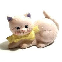 VTG Enesco Taiwan Pastel Pink Cat Kitten Figurine Porcelain Animal Yellow Bow - £10.27 GBP