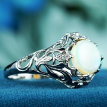 Natural Opal Vintage Style Filigree Solitaire Ring in Solid 9K White Gold - £601.37 GBP