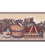 Red Apple Basket Sunflower Leaf American Flag Patriotic Kitchen Wallpape... - $14.84